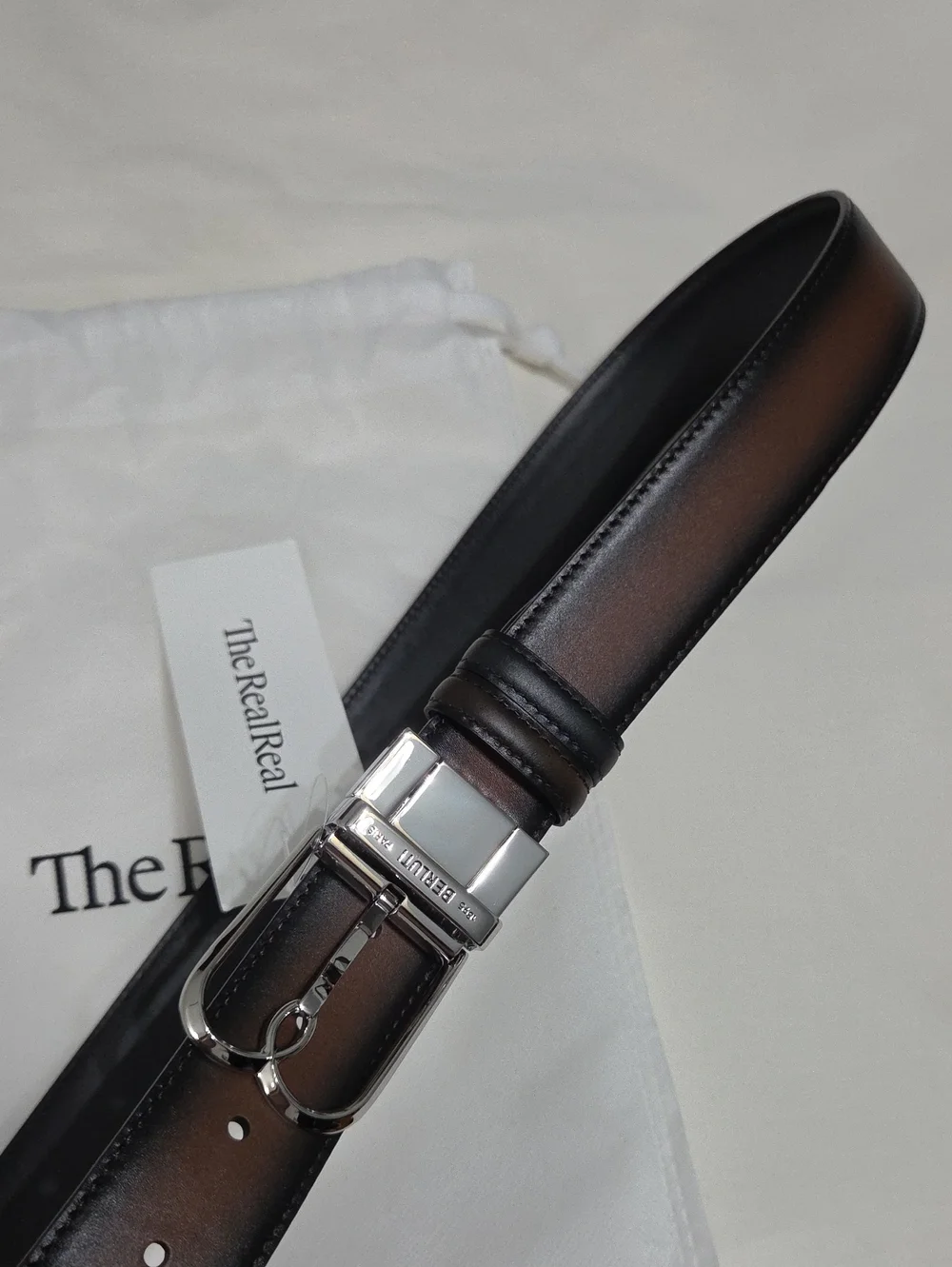 Berluti Reversible Brown & Black Leather Belt Silver Buckle